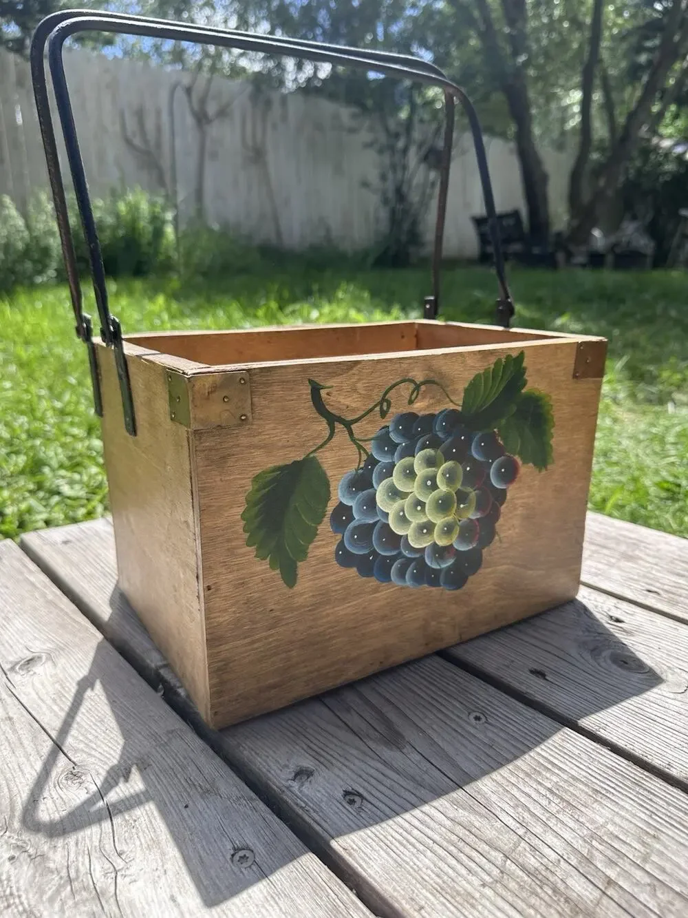 Vintage Wooden Picnic Basket With Cupholders Hand Painted Grapes Metal Handle